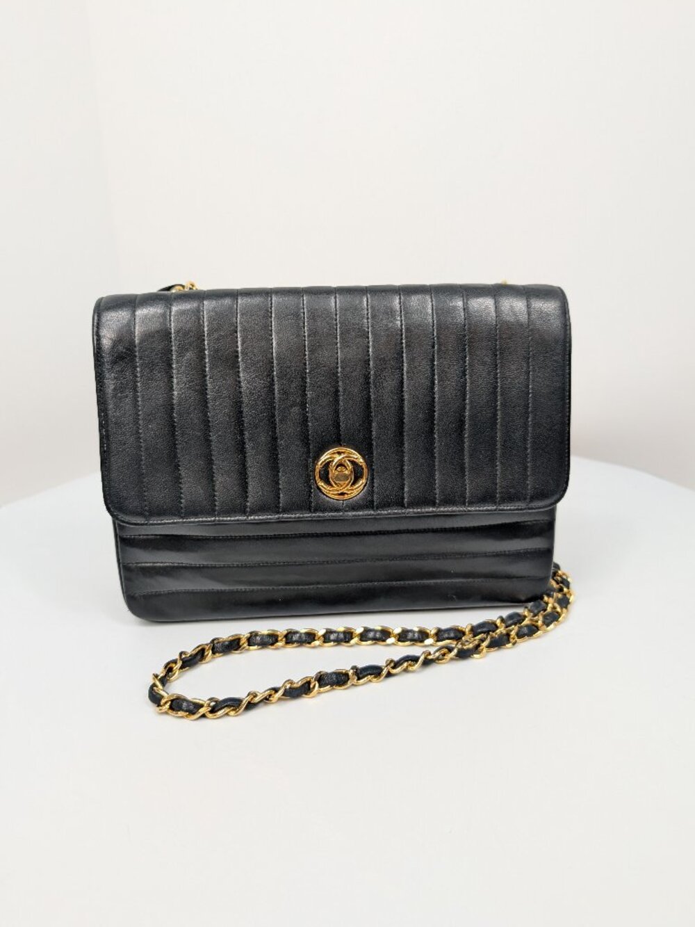 Chanel Vintage Black Vertical Stitch Flap Bag with 24K Circle CC Turn-Lock